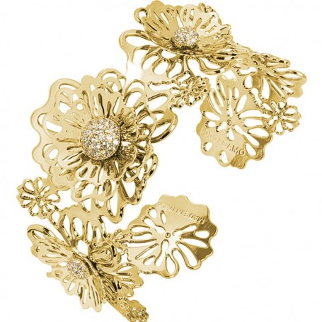 Boccadamo - Bracciale rigido dorato con rose selvatiche tridimensionali e zirconi