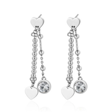 S'Agapò - Orecchini pendenti in acciaio 316L con sfere in acciaio e pendente a forma di cuore e cristallo crystal.