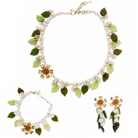 Ottaviani - Collana, bracciale e orecchini dorati con perle di vetro, fiori di resina e foglie di vetro