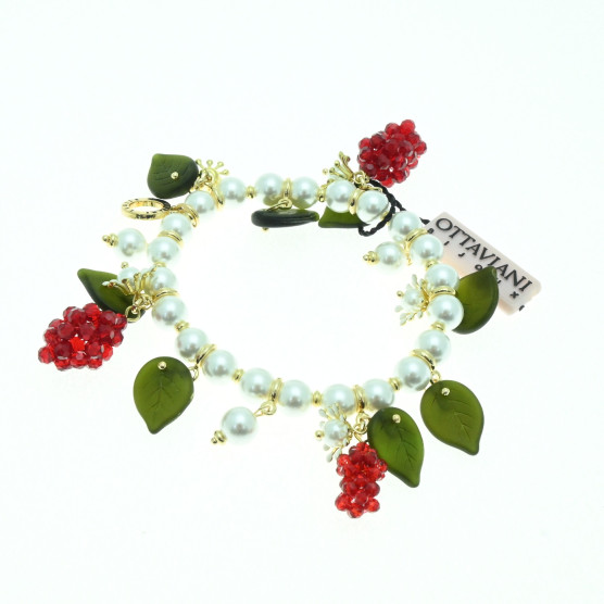 Ottaviani - Bracciale e orecchini con perle di vetro, perline, foglie di vetro e fiori smaltati.