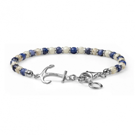 Maria Cristina Sterling - Bracciale uomo collezione Neptune argento, sodalite e aulite bianca con ancora.