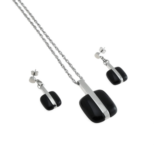 Lotus - Parure con collana e orecchini con pietre nere.