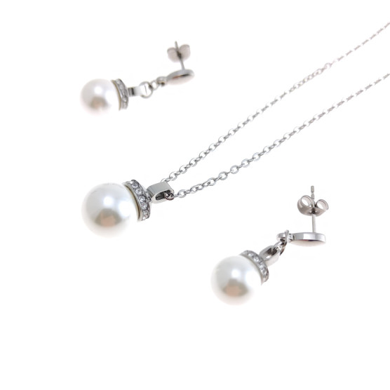 Lotus - Parure con collana e orecchini con perle e strass.