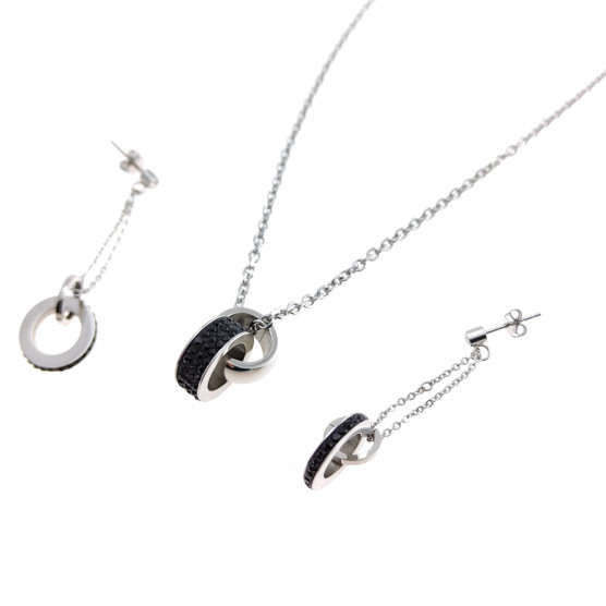 Lotus - Parure con collana e orecchini strass neri.