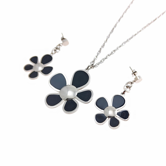 Lotus - Parure con collana e orecchini con smalto nero.