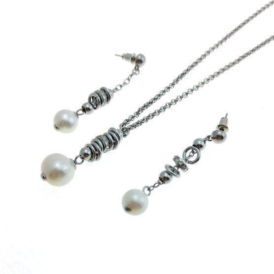 2Jewels - Parure acciaio con collana cm 45+5 e orecchini con strass e perle.
