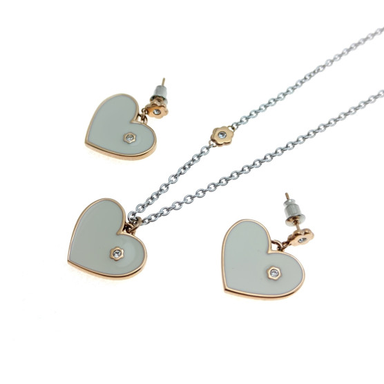 2Jewels - Parure acciaio con collana cm 45 + 5 e orecchini con strass e smalto bianco.