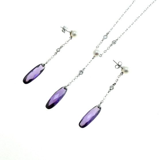 Arteregalo - Parure argento 925 con perle, zirconi e cristallo ametista.