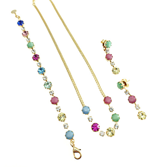 Ottaviani - Collana, bracciale e orecchini placcati oro con cristalli.