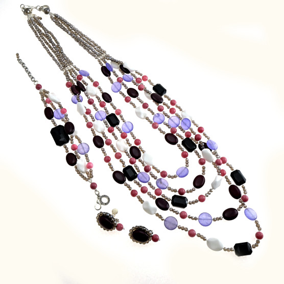 Ottaviani - Collana, bracciale e orecchini con agata, madreperla e cristalli.