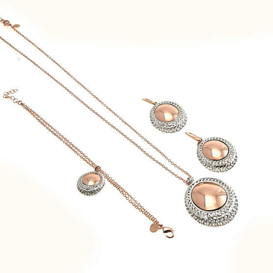 Ottaviani - Collana, bracciale, orecchini e anello in bronzo oro rosa e rodiati.