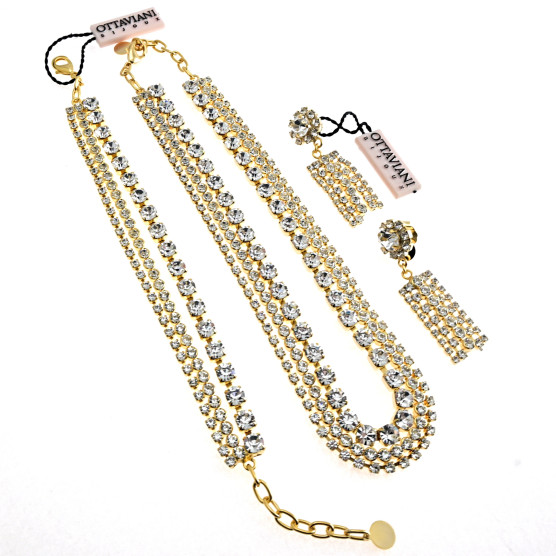 Ottaviani - Collana, bracciale e orecchini placcati oro con cristalli.