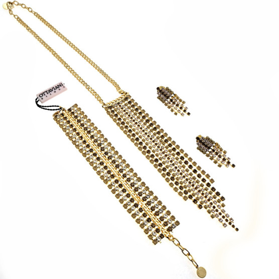 Ottaviani - Collana, bracciale e orecchini placcati oro con cristalli.