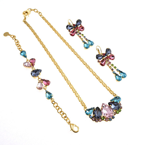 Ottaviani - Collana, bracciale e orecchini placcati oro con cristalli.